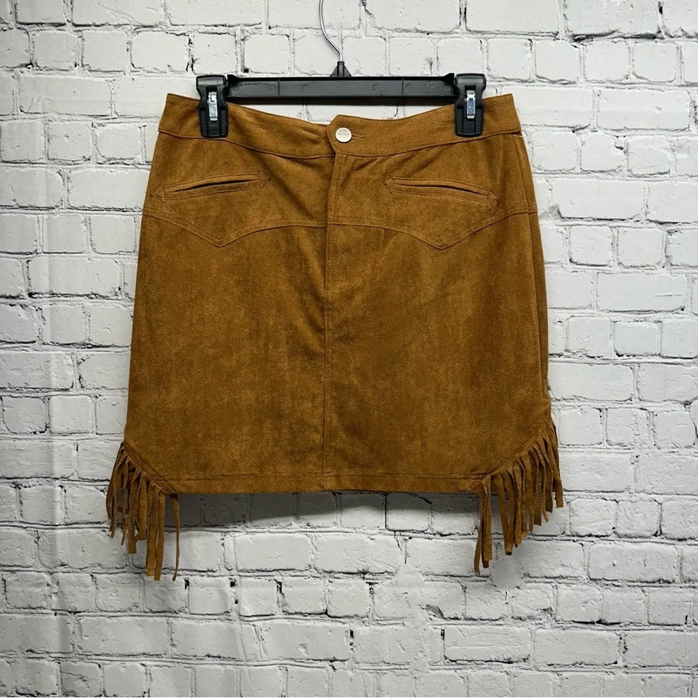 Double D Ranch Suede Fringe Mini Skirt in Cognac Brown - Picture 1 of 9